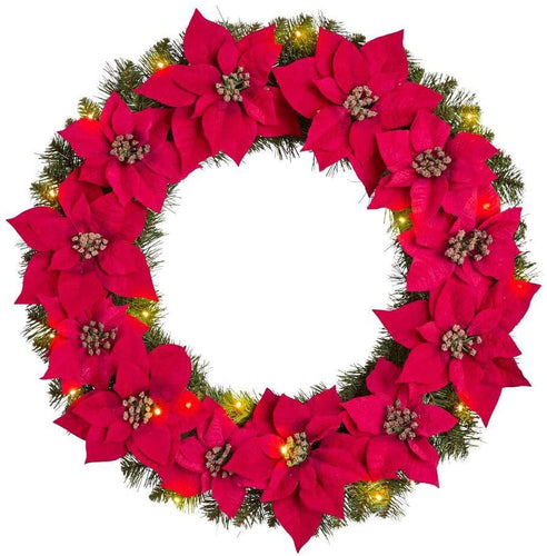 Home Accents Holiday 30 in. Berry Bliss Battery Operated Pre-Lit LED Artificial Christmas Wreath with Poinsettia