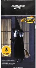 Load image into Gallery viewer, WM Light Up Animated Flying Witch Halloween Decorations - Flashing Eyes, Kicking Legs and Spooky Sounds - 3 ft Tall