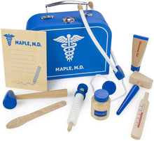 Load image into Gallery viewer, Doctor Kit for Kids Playset (10 pcs) | Dr. Maple&#39;s Wooden Wonders Pretend Play Wood Toy Doctor Kit | Doctor, Nurse &amp; Vet Play Medical Bag for Toddlers | Includes Medicine, Ointment, Tools &amp; Med Chart