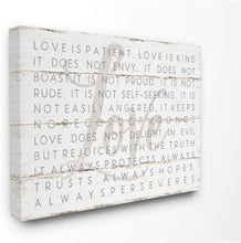 Load image into Gallery viewer, Stupell Industries Love is Patient Grey on White Planked Look Canvas Wall Art, 16 x 20, Design by Artist Jennifer Pugh