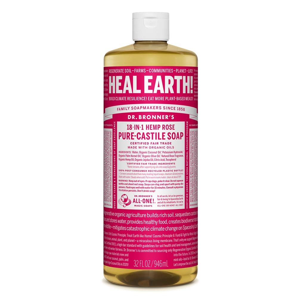 Dr. Bronner’s - Pure-Castile Liquid Soap (Rose, 32 ounce) - Made with Organic Oils, 18-in-1 Uses: Face, Body, Hair, Laundry, Pets & Dishes, Concentrated, Vegan, Non-GMO
