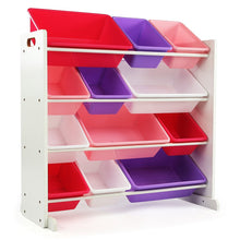 Load image into Gallery viewer, Tot Tutors Kids' Toy Storage Organizer with 12 Plastic Bins, Natural/Primary (Primary Collection)