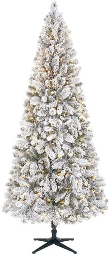 Home Accents Holiday 7.5 ft Wesley Long Needle Pine Flocked Slim LED Pre-Lit Tree with 350 SureBright Warm White Lights
