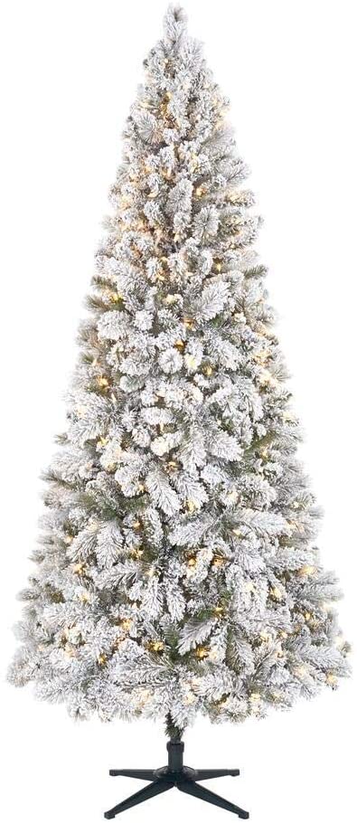 Home Accents Holiday 7.5 ft Wesley Long Needle Pine Flocked Slim LED Pre-Lit Tree with 350 SureBright Warm White Lights
