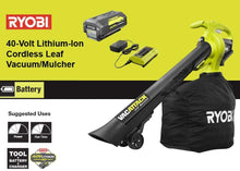 Load image into Gallery viewer, RYOBI RY40450 40-Volt Lithium-Ion Cordless Leaf Vacuum/Mulcher with 4.0 Ah Battery and Charger Included