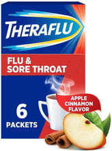 Load image into Gallery viewer, Theraflu Flu and Sore Throat Hot Liquid Powder, Apple Cinnamon Flavor, for relief from Nasal Congestion, runny nose and Headache - 6 Count Box