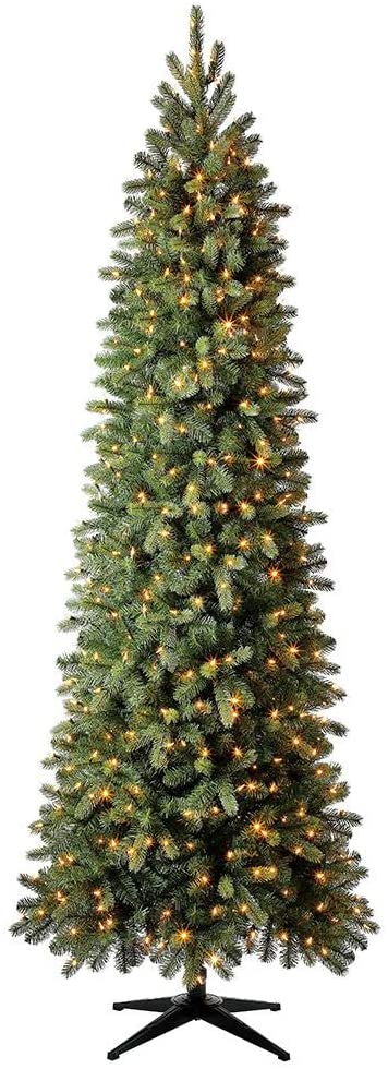 Home Accents Holiday 9 ft Manchester White Spruce Pre-Lit LED Slim Artificial Christmas Tree with 500 SureBright Color-Changing Lights