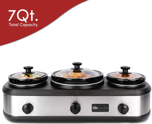 Elite Platinum EWMST-415 Maxi-Matic Triple Slow Cooker Buffet Server, Stainless Steel