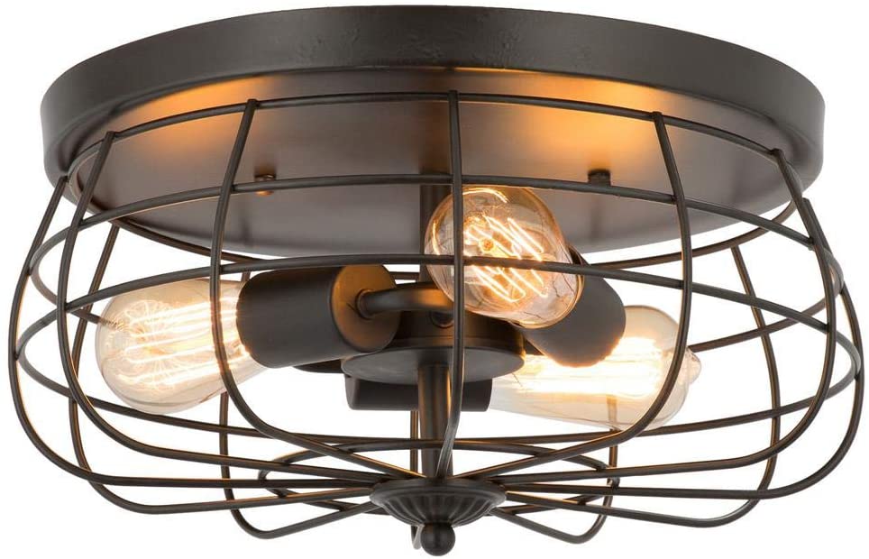 15 in. Industrial 3-Light Oil Rubbed Bronze Metal Cage Flush Mount