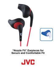 Load image into Gallery viewer, JVC Black and Red Nozzel Secure Comfort Fit Sweat Proof Gumy Sport Earbuds with long colored cord HA-EN10B