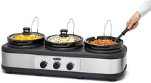 Load image into Gallery viewer, BELLA 14484 (3 x 2.5-Quart) Triple Slow Cooker with Lid Rests, Stoneware Pots, Serving Spoons and Bella Slow Cooker Recipe Book