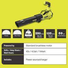 Load image into Gallery viewer, RYOBI RY40470VNM 125 MPH 550 CFM 40-Volt Lithium-Ion Brushless Cordless Jet Fan Leaf Blower - 4.0 Ah Battery and Charger Included