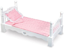Load image into Gallery viewer, Melissa &amp; Doug White Wooden Doll Bed With Bedding, 24 x 12 x 11-Inches