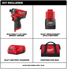 Load image into Gallery viewer, Milwaukee 2553-21 M12 FUEL 1/4 in. Hex Impact Driver Kit with One 2.0 Ah Battery, Charger and Bag