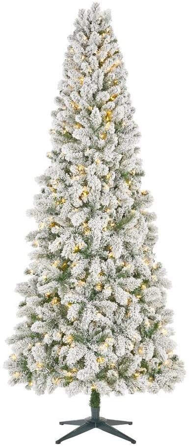 Home Accents Holiday 9 ft. Pre-lit LED Heavy Flocked Wesley Slim Long Needle Artificial Christmas Pine with 550 SureBright Warm White Lights
