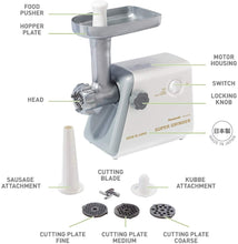 Load image into Gallery viewer, Panasonic Meat Grinder, Electric Heavy Duty with Sausage Stuffer and Kubbe Maker Attachments, Precision Japanese Technology, Multifunctional Tabletop, 1, White