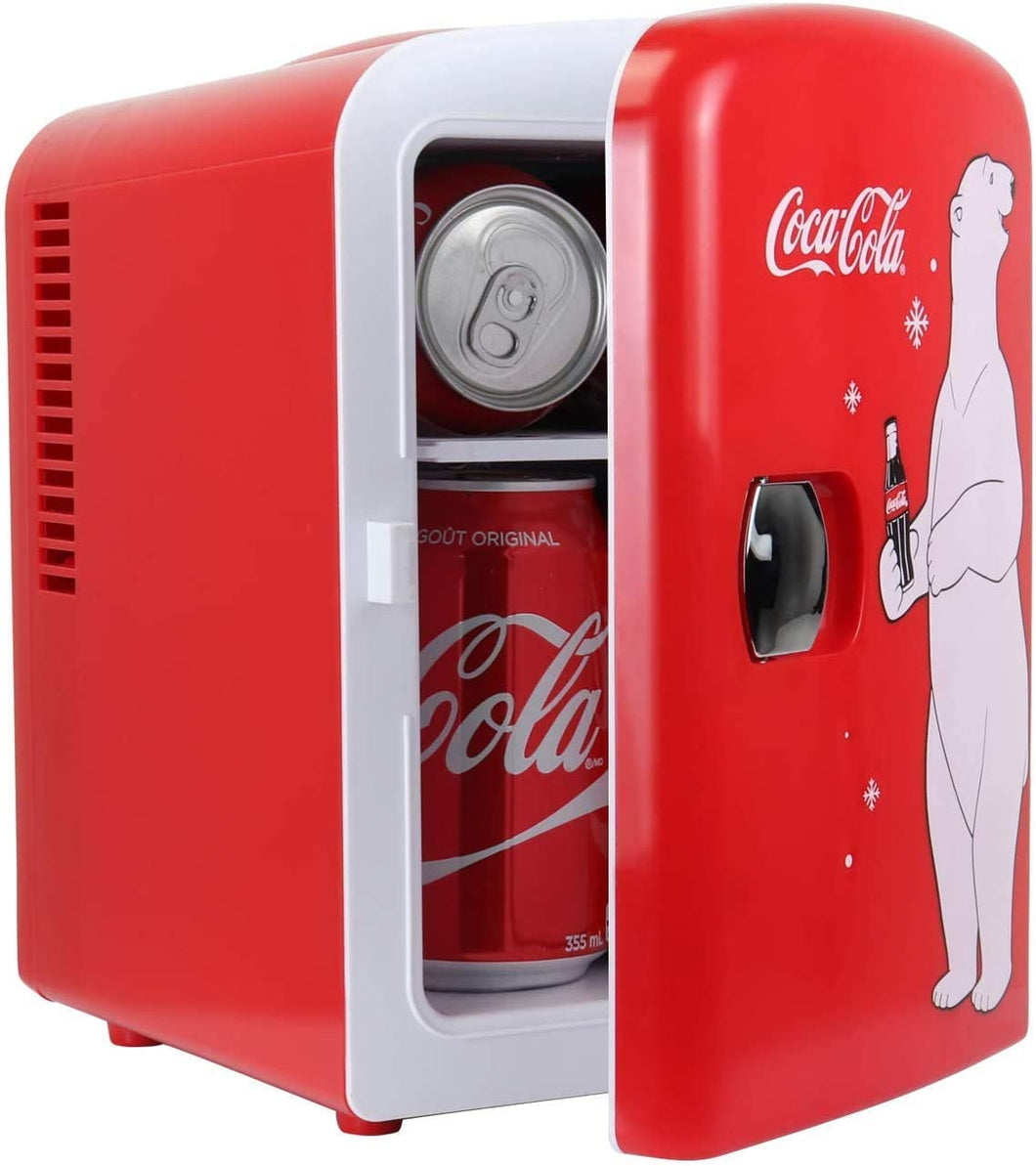 Coca-Cola KWC4 KWC-4 4 Liter/6 Can Portable Fridge/Mini Cooler for Food, Beverages, Home, Office, Dorm, Car, Boat-AC/DC Plugs Included, 4.2 Quarts, Red/White