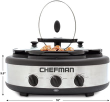 Load image into Gallery viewer, Chefman Triple Slow Cooker &amp; Buffet Server with 3 Removable 1.5 Quart Oval Crocks, Pot Inserts are Individually Heat Controlled with Locking Lid Straps, Spoon and Lid Rests, 4.5 qt. total capacity, Stainless Steel – RJ15-15-TO