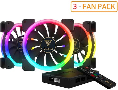 GAMDIAS RGB Case Fan 140mm Dual Light Loop Motherboard Sync with Remote Control Color - Three Fan Pack Cooling Aeolus M1-1403R