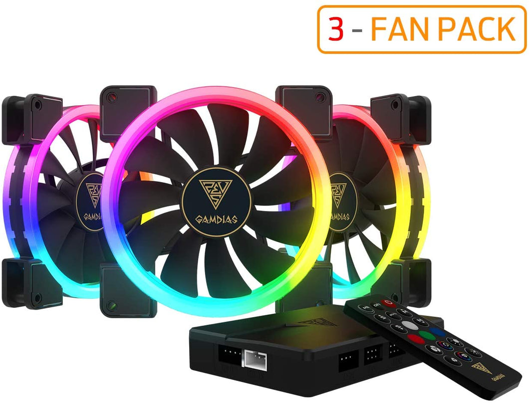 GAMDIAS RGB Case Fan 140mm Dual Light Loop Motherboard Sync with Remote Control Color - Three Fan Pack Cooling Aeolus M1-1403R