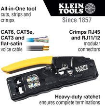 Load image into Gallery viewer, Klein Tools VDV226-107 Compact Ratcheting Modular Crimper / Cutter / Stripper for RJ45, RJ11/12, CAT6, CAT5e, CAT3, Flat-Satin Voice Cables