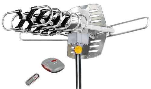 BoostWaves Supreme Amplified Outdoor Remote Controlled HDTV UHF VHF Antenna FM Radio 360 Degree Motorized Rotation Kit with 50ft RG6 and Clips Works UP to 2 TV's- Premium Flagship Model!