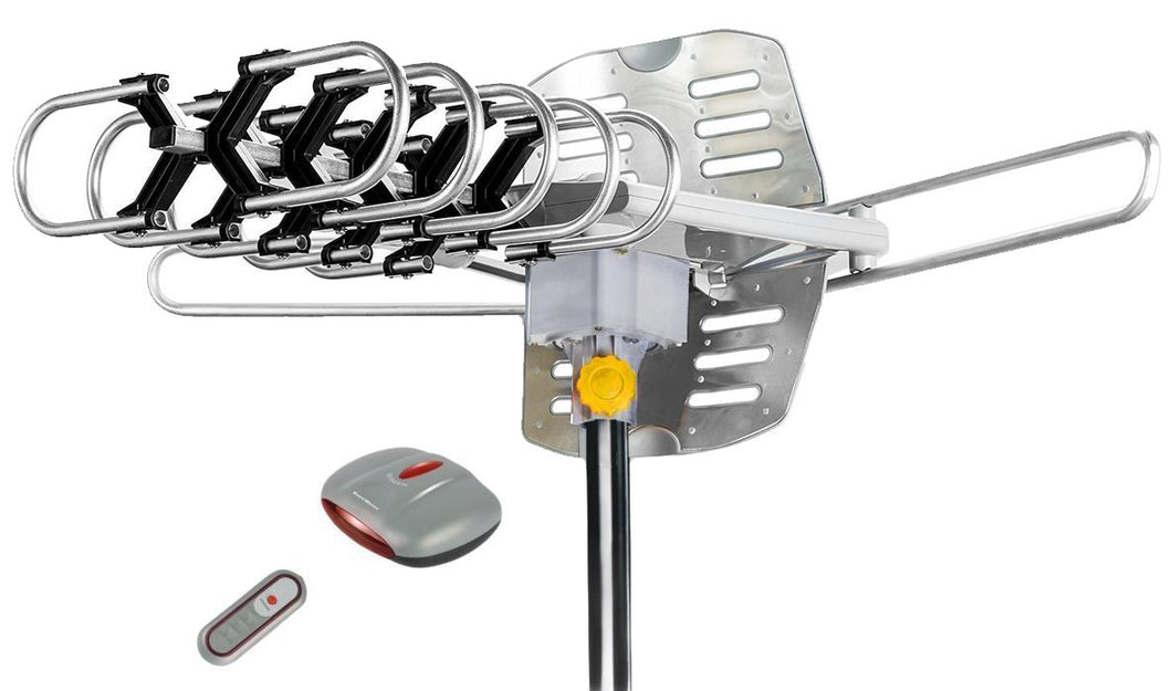 BoostWaves Supreme Amplified Outdoor Remote Controlled HDTV UHF VHF Antenna FM Radio 360 Degree Motorized Rotation Kit with 50ft RG6 and Clips Works UP to 2 TV's- Premium Flagship Model!