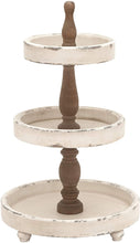 Load image into Gallery viewer, Deco 79 Large, 3-Tier Distressed White &amp; Natural Wood Round Serving Tray Stand, Party Serving Trays, Wood Tray Stand, Farmhouse Style Food Trays | 15” x 25”
