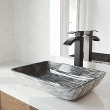 Load image into Gallery viewer, VIGO Onyx Handmade Countertop Glass Rectangle Vessel Bathroom Sink Set in Gray Onyx Finish with Matte Black Single-Handle Single Hole Faucet and Pop Up Drain