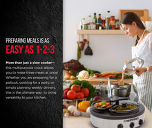 Load image into Gallery viewer, Chefman Triple Slow Cooker &amp; Buffet Server with 3 Removable 1.5 Quart Oval Crocks, Pot Inserts are Individually Heat Controlled with Locking Lid Straps, Spoon and Lid Rests, 4.5 qt. total capacity, Stainless Steel – RJ15-15-TO