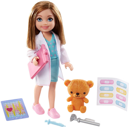 Barbie Chelsea Can Be Playset with Brunette Chelsea Doctor Doll (6-In/15.24-cm), Clipboard, EKG Reader, Band-Aid Stickers,2 Medical Tools, Teddy Bear, Great Gift for Ages 3 Years Old & Up