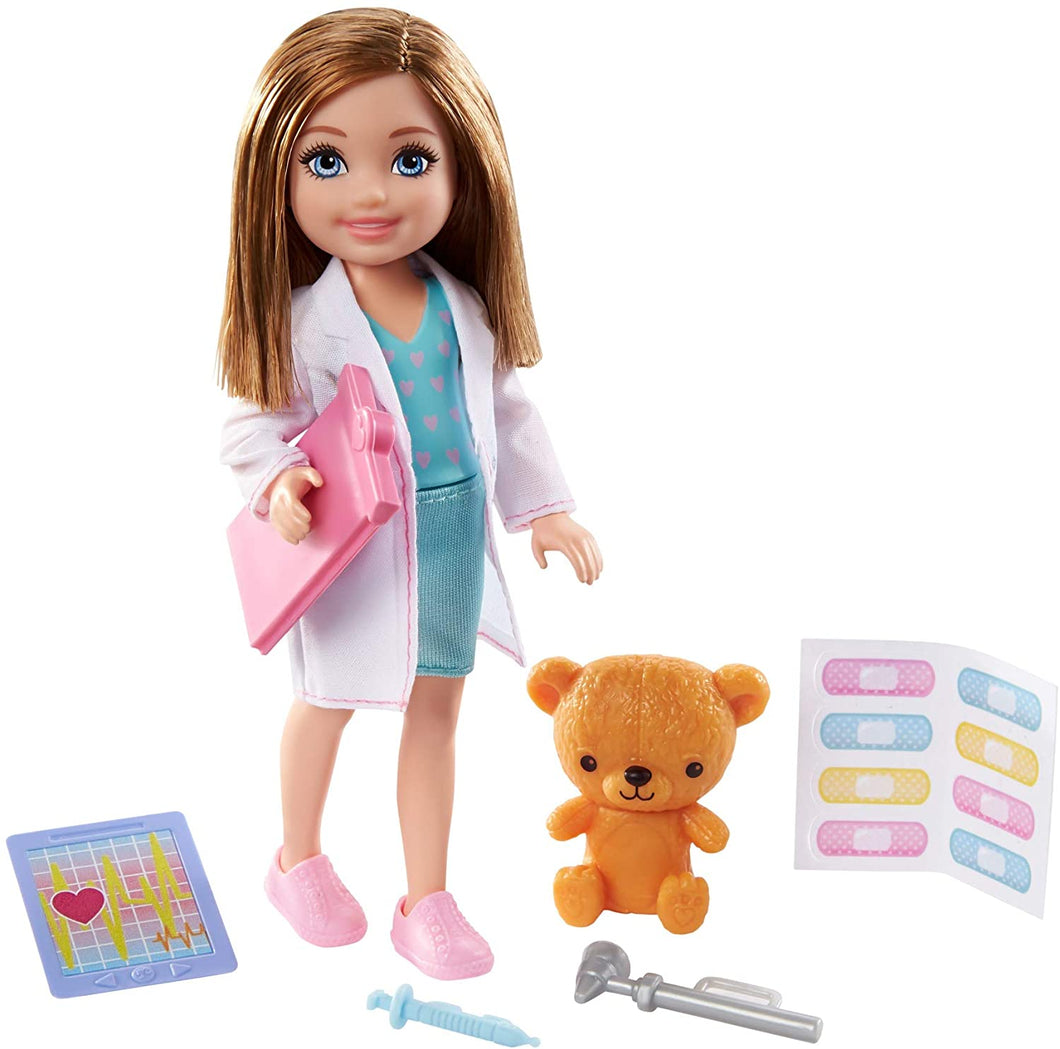 Barbie Chelsea Can Be Playset with Brunette Chelsea Doctor Doll (6-In/15.24-cm), Clipboard, EKG Reader, Band-Aid Stickers,2 Medical Tools, Teddy Bear, Great Gift for Ages 3 Years Old & Up