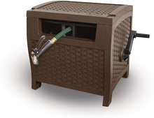Load image into Gallery viewer, Suncast Resin Wicker Outdoor Hose Hideaway with Hose Guide - Durable Hose Storage Reel with Crank Handle, Slide Trak Hose Guide, and Garden Accessory Storage - 225' Hose Capacity - Java