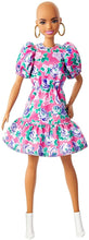 Load image into Gallery viewer, Barbie Fashionistas Doll #150 with No-Hair Look Wearing Pink Floral Dress, White Booties &amp; Earrings, Toy for Kids 3 to 8 Years Old