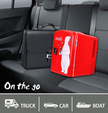 Load image into Gallery viewer, Coca-Cola KWC4 KWC-4 4 Liter/6 Can Portable Fridge/Mini Cooler for Food, Beverages, Home, Office, Dorm, Car, Boat-AC/DC Plugs Included, 4.2 Quarts, Red/White