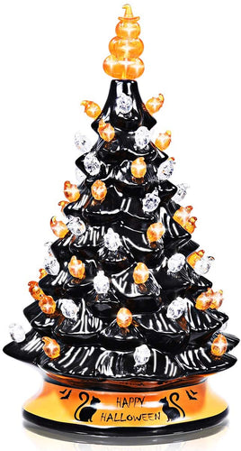 DREAMADE Hand-Painted Ceramic Christmas Tree, 14in Battery Powered Tabletop Xmas Decor, with 12 Bulit-in Lights and Top Star, Forever Lighted Holiday Centerpiece