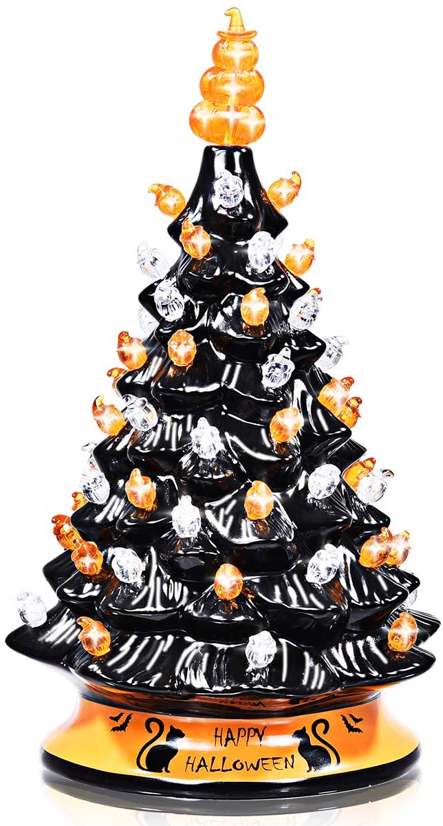DREAMADE Hand-Painted Ceramic Christmas Tree, 14in Battery Powered Tabletop Xmas Decor, with 12 Bulit-in Lights and Top Star, Forever Lighted Holiday Centerpiece