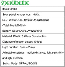 Load image into Gallery viewer, 160-Degree Outdoor Black Dual Lamp Solar Motion Sensing Security Light with Advance LED Technology