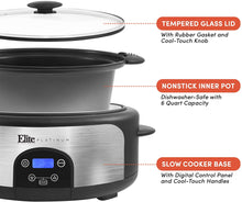 Load image into Gallery viewer, Elite Gourmet Glas Slow Cooker with Adjustable Temp, Entrees, Sauces, Stews &amp; Dips, Dishwasher Safe Glass Lid &amp; Crock, 6 Quart, Stainless Steel