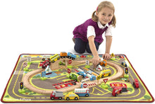 Load image into Gallery viewer, Melissa &amp; Doug Deluxe Multi-Vehicle Activity Rug (39.5" x 36.5") - 19 Vehicles, 12 Wooden Signs, Train Tracks