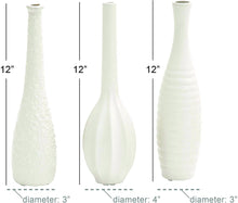 Load image into Gallery viewer, CosmoLiving by Cosmopolitan 92562 Modern Style Tall White Ceramic Bud Vases with Textural Finishes | Set of 3: 4” x 12”, 3” x 12”, 3” x 12”