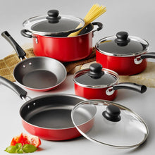 Load image into Gallery viewer, 9-Piece Red Simple Cooking Nonstick Stay-Cool Handles Riveted Heat- And Shatter-Resistant Tempered Glass Lids Dishwasher-Safe Cookware Set