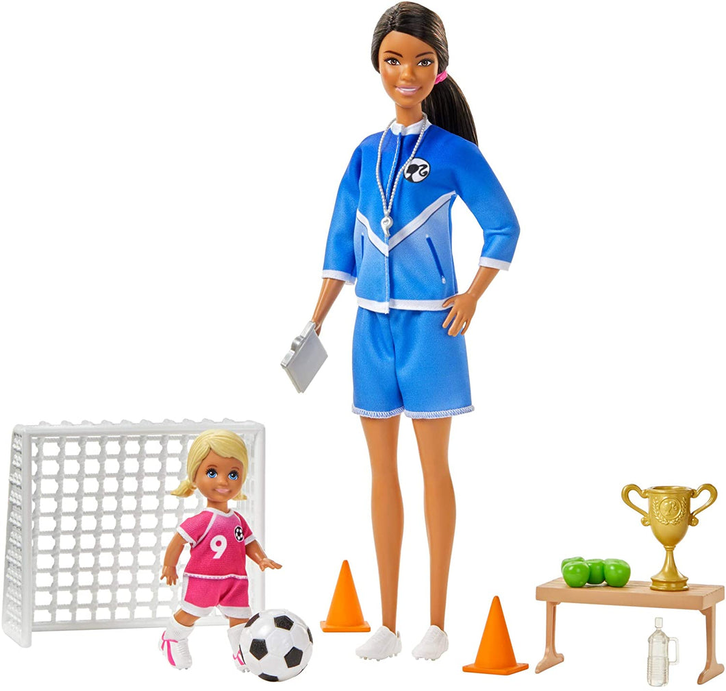 Barbie Soccer Coach Playset with Brunette Soccer Coach Doll, Student Doll and Accessories: Soccer Ball, Clipboard, Goal Net, Cones, Bench and More for Ages 3 and Up, Multi