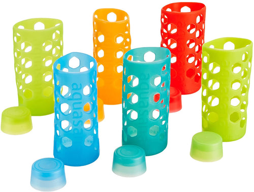 Aquasana Rainbow Silicone Sleeves with Matching Lids, fits Aquasana Brand 18oz Glass Water Bottles, 6-pack