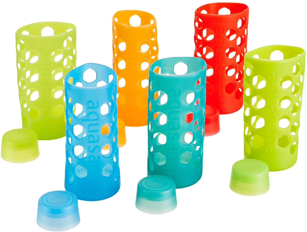 Aquasana Rainbow Silicone Sleeves with Matching Lids, fits Aquasana Brand 18oz Glass Water Bottles, 6-pack