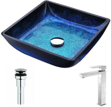 Load image into Gallery viewer, Modern Tempered Glass Vessel Square Sink with Single Hole in Blazing Blue and Single Handle Enti Bathroom Sink Faucet in Polished Chrome | Viace LSAZ056-096 by ANZZI