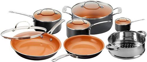 Gotham Steel 12 Piece Copper Kitchen Set with Non-Stick Ti-Cerama Copper Coating by Chef Daniel Green – Includes Skillets, Fry Pans and Stock Pots