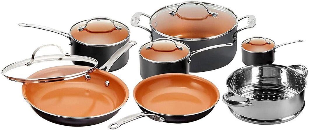 Gotham Steel 12 Piece Copper Kitchen Set with Non-Stick Ti-Cerama Copper Coating by Chef Daniel Green – Includes Skillets, Fry Pans and Stock Pots