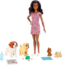 Load image into Gallery viewer, Barbie Doggy Daycare Doll, Brunette, and Pets Playset with 4 Dogs, Including One Puppy that Poops and One that Pees, Plus Color-Change Paper and More, Gift for 3 to 7 Year Olds