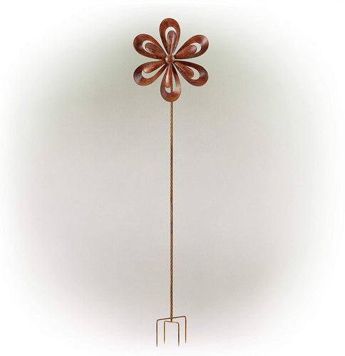 Alpine Corporation Rustic Metal Floral Windmill Stake - Kinetic Wind Spinner - Outdoor Yard Art Decor - Burnt Orange - 24